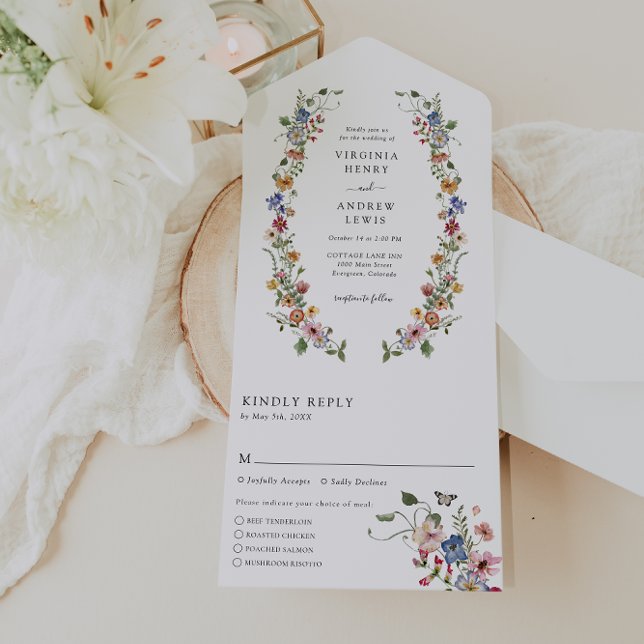 Färgglad blommig allt-i-ett-inbjudan (Colorful Floral Wedding All In One Invite by Painted Paperie
)