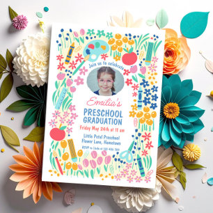 Färgglad Blommig Foto Förskoleexamen Inbjudningar