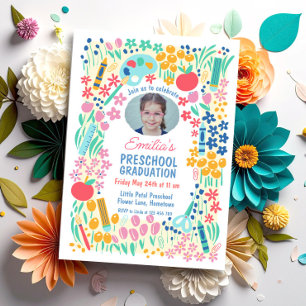 Färgglad Blommig Foto Förskoleexamen Inbjudningar