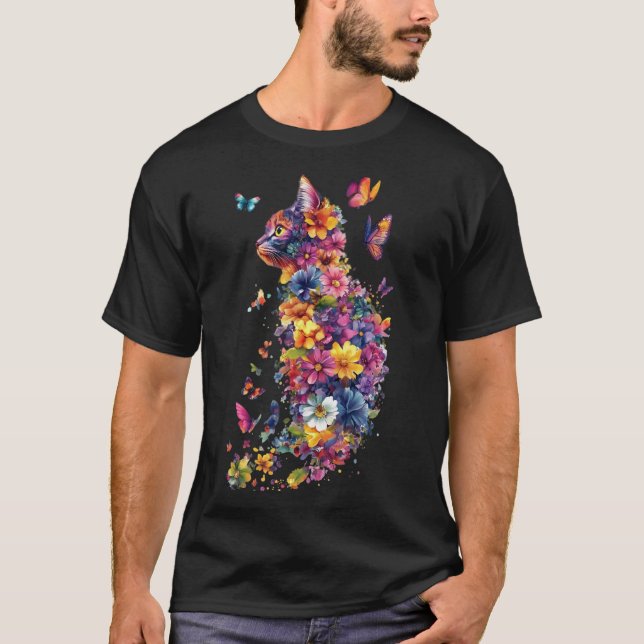 Färgglad Blommig Katt – Akvarell Fjärils Konst T Shirt (Framsida)