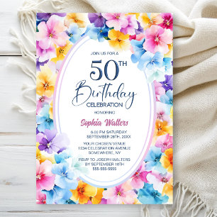 Färgglad Blommig Oval 50-års Födelsedagsfest Inbjudningar