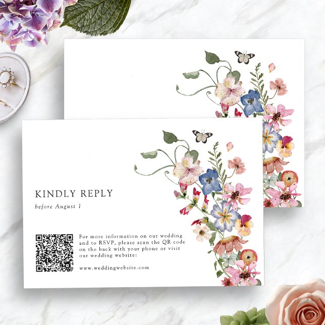 Färgglad Blommig QR-kod OSA Kort (Colorful Watercolor Floral QR Code RSVP Card by Painted Paperie)