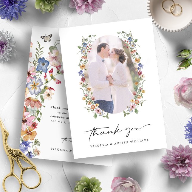 Färgglad Blommig Tacksamhetskort Tack Kort (Colorful Watercolor Wildflower Wedding Thank You Photo Card by Painted Paperie)