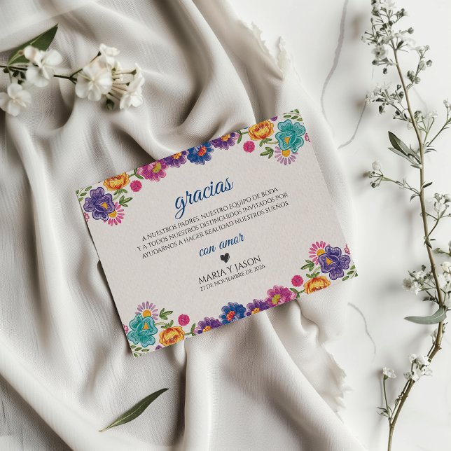 Färgglad blomster botanisk fiesta spansk bröllop tack kort (Colorful Floral Botanical Fiesta Spanish Wedding Thank You Card)
