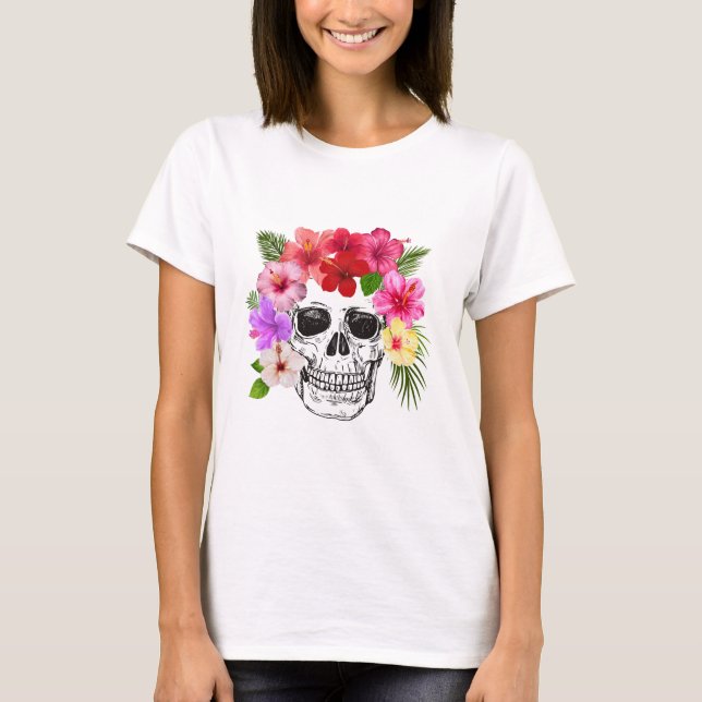 Färgglad blomster skalle KVINNORS T-TRÖJA T Shirt (Framsida)