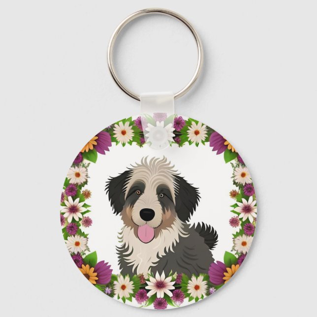 Färgglad blomsterkant med söt hundillustration nyckelring (Framsida)