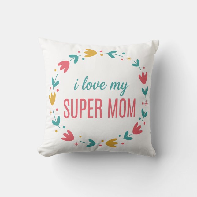 Färgglad blomsterkrans Jag älskar min super mamma  Kudde (Framsida)