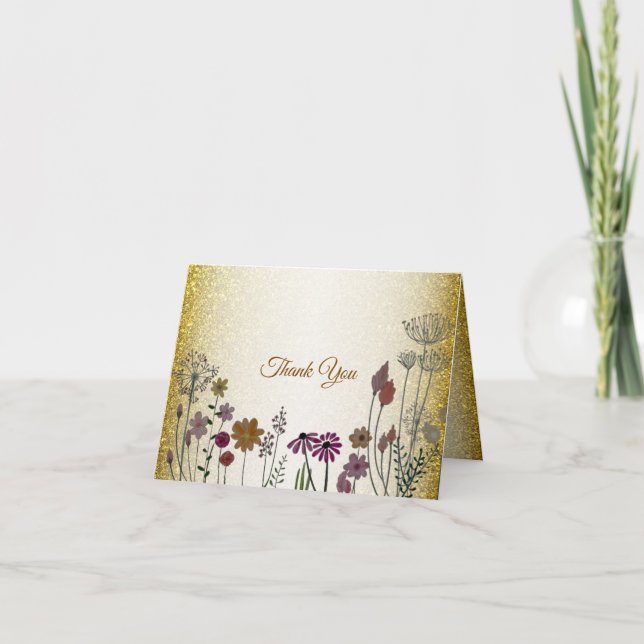 Färgglad blomsterträdgård Guld Glitter Bröllop Tack Kort (Framsida)
