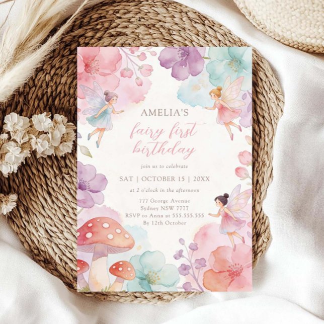 Färgglad blomsterträdgårdsälva 1-årsdag inbjudningar (Skapare uppladdad)