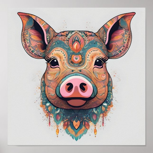 Färgglad Boho Bohemer Pig Fantasifull Väggkonst (Framsidan)