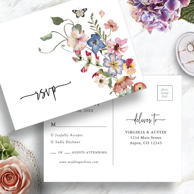Färgglad Boho RSVP Postkort Vykort (Colorful Wildflower Boho RSVP Postcard with Butterfly by Painted Paperie
)