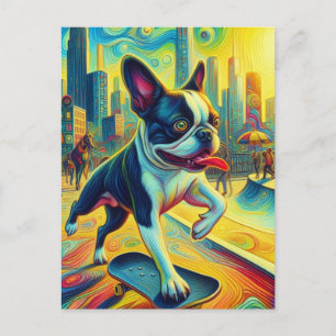 Färgglad Boston Terrier Skateboardåkning Surrealis Vykort