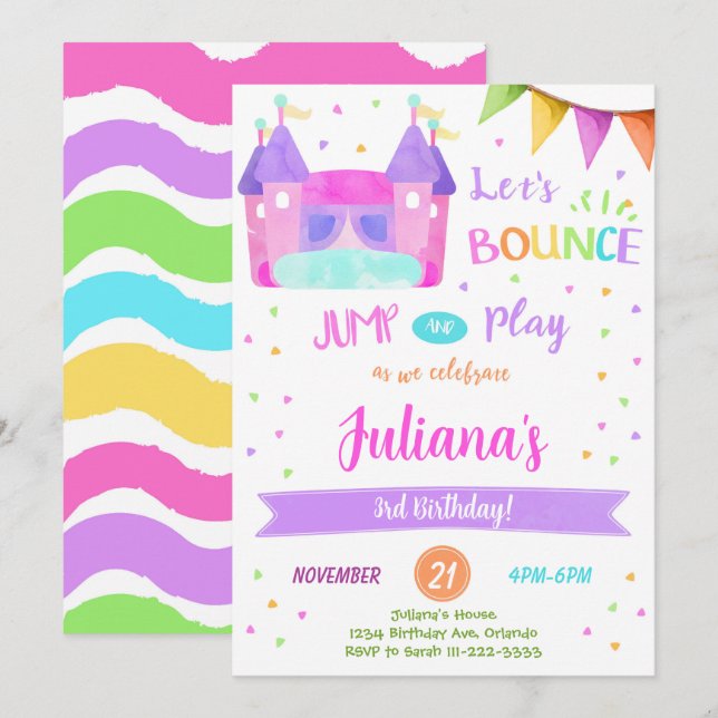 Färgglad Bounce House Födelsedagsinbjudan Inbjudningar (Fram/baksida)
