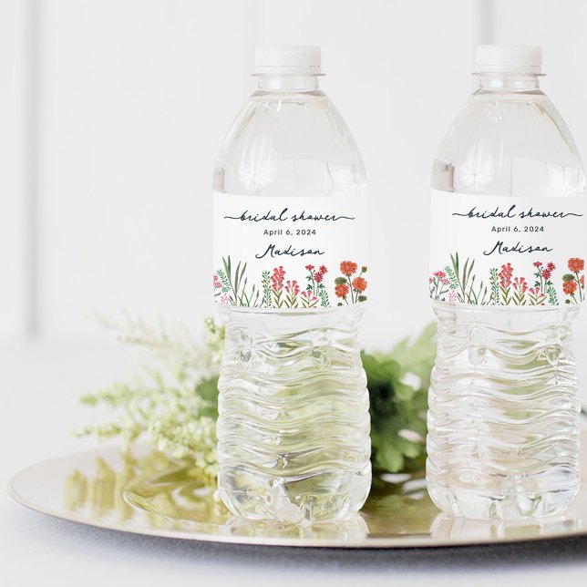 Färgglad Bröllopsdusch-inbjudan för vildblommor Vattenflaskor Etikett (Colorful Wildflower Bridal Shower Invitation Water Bottle Label)