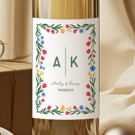 Färgglad Bröllopsmonogram med Folkkonst Vildblomma Vinflaska Etikett
