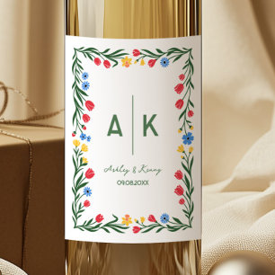 Färgglad Bröllopsmonogram med Folkkonst Vildblomma Vinflaska Etikett