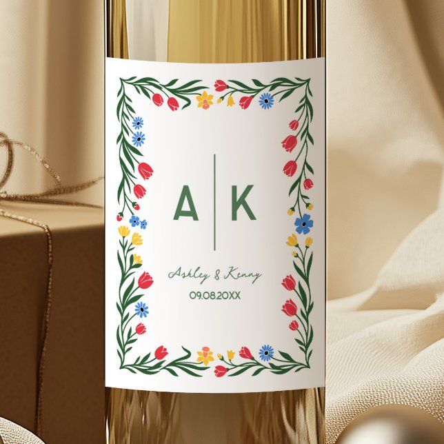 Färgglad Bröllopsmonogram med Folkkonst Vildblomma Vinflaska Etikett (Skapare uppladdad)
