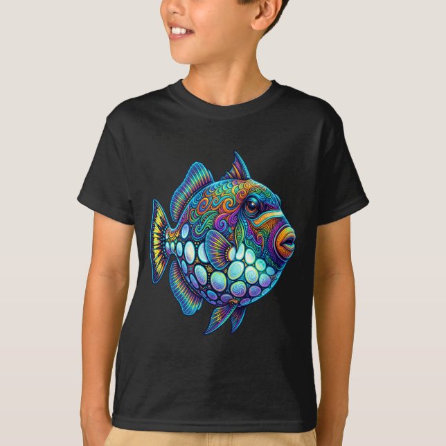 Färgglad clown triggerfisk abstrakt hav konstverk t shirt (Framsida)
