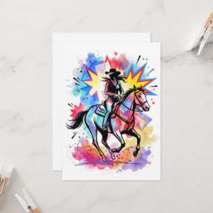 Färgglad Cowgirl Häst Vattenfärg Pop Art Inbjudningar