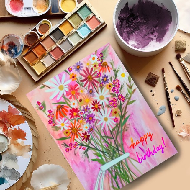 Färgglad daisybukett Grattis på födelsedagen Vykort (Beautiful watercolor bouquet birthday card postcard. Customize with your own text)