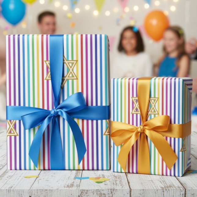 Färgglad Davidstjärna Regnbåge Tunnrandiga Presentpapper (Chic Bright Jewish Multicolored Rainbow Star of David Wrapping Paper for Kids Bat Mitzvah Mazel Tov)