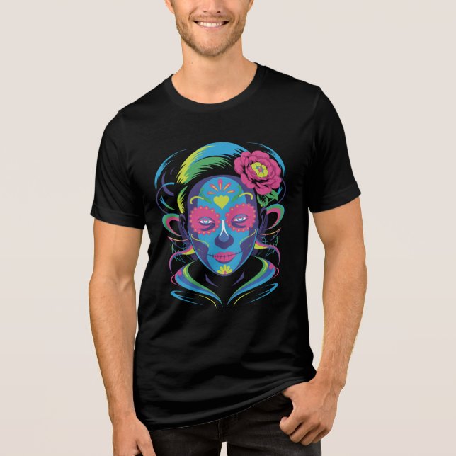 Färgglad Dia de los Muertos-ansiktskonst med blomm T Shirt (Framsida)