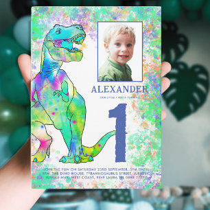Färgglad dinosaurie 1-års födelsedagsfest foto inbjudningar