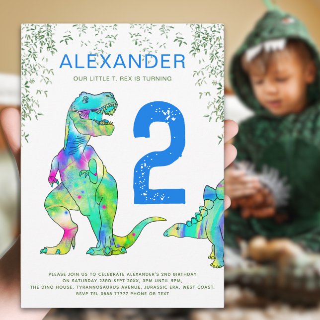 Färgglad Dinosaurie 2-års Födelsedagsfest Inbjudningar (Colorful dinosaur 2nd birthday party invitation with watercolor T-Rex and stegosaurus dino)