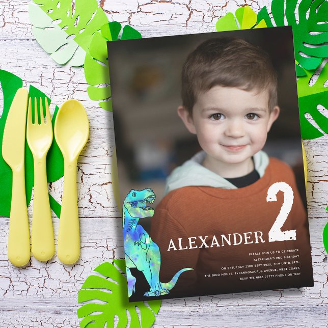 Färgglad dinosaurie anpassad fotofirande 2-års föd inbjudningar (Colorful Dinosaur T-Rex roar personalized photo 2nd birthday party invitation)