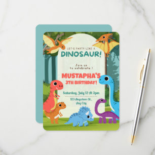 Färgglad Dinosaurie Barn 3-års Födelsedagsinbjudan OSA Kort