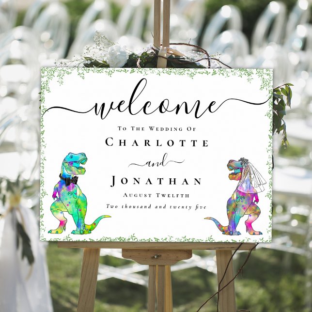 Färgglad dinosaurie brud & brudgum välkomstskylt f poster (Dinosaur bride and groom custom wedding welcome sign poster Watercolor greenery & colorful T-Rex )