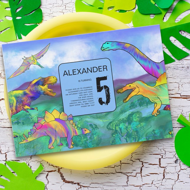 färgglad dinosaurie födelsedagsfest inbjudningar (Dinosaur 5th birthday party invitation colorful watercolor T-Rex velociraptor stegosaurus pterodacty)