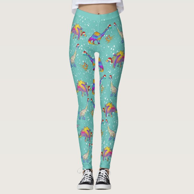 Färgglad dinosaurie jul leggings (Framsida)