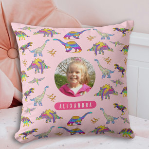 Färgglad dinosaurie Personlig foto och namn Rosa Kudde