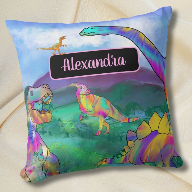 Färgglad dinosaurie personligt namn kudde (Colorful dinosaurs personalized girls name bedroom decor Cute dino kids custom bedroom home decor )