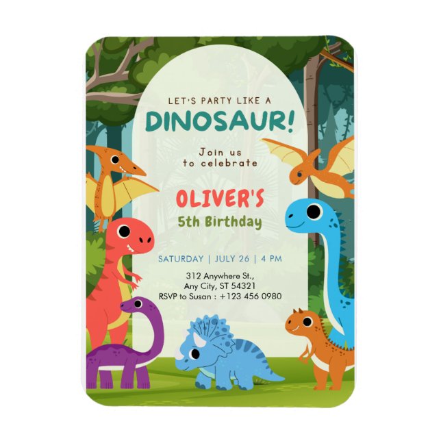 Färgglad Dinosaurie T-Rex 5-års Födelsedagsinbjuda Magnet (Vertikal)