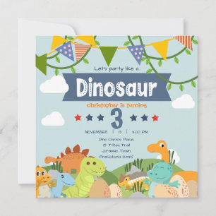 Färgglad dinosaurie-tema 3-års födelsedag inbjudningar