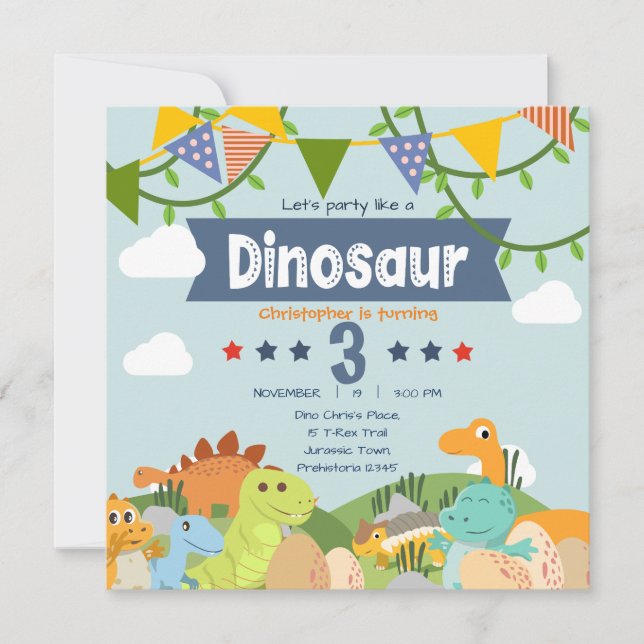 Färgglad dinosaurie-tema 3-års födelsedag inbjudningar (Framsida)