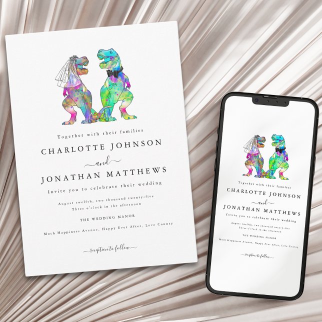 Färgglad dinosaurie-tema inbjudningar (Colorful dinosaur theme wedding invitation with stylish Minimlist typography)