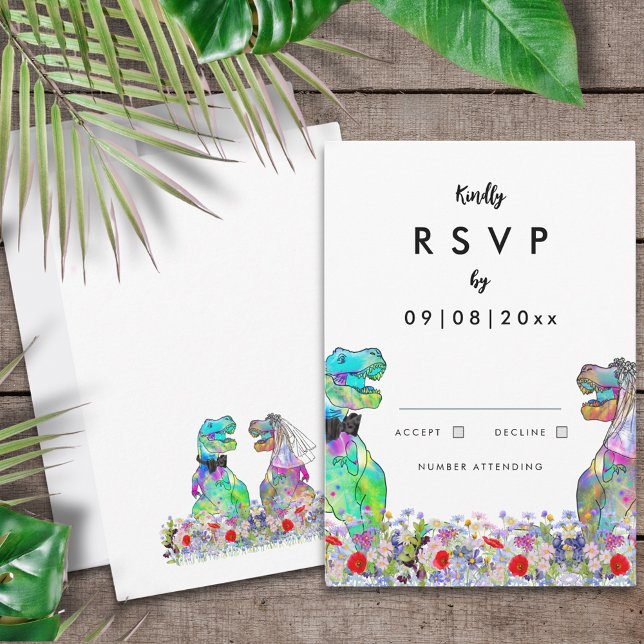Färgglad dinosauriebröllop med vilda blommor OSA kort (Colorful wildflower dinosaur themed wedding RSVP enclosure card)