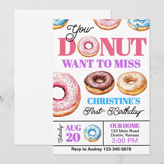 Färgglad Donuts Födelsedagsfest För Alla Åldrar Inbjudningar (Fram/baksida)