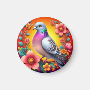 Färgglad duva omgiven av livfulla blommor magnet