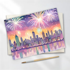 Färgglad eldstad stad akvarell | Lofi Nyår Helg Vykort