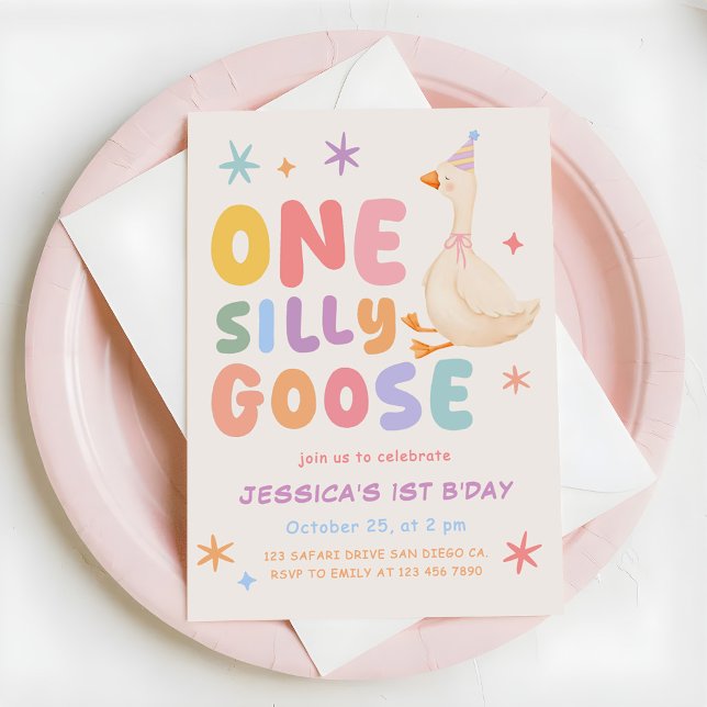 Färgglad En Dumma Gås Flicka 1-årsdag Inbjudningar (Skapare uppladdad)