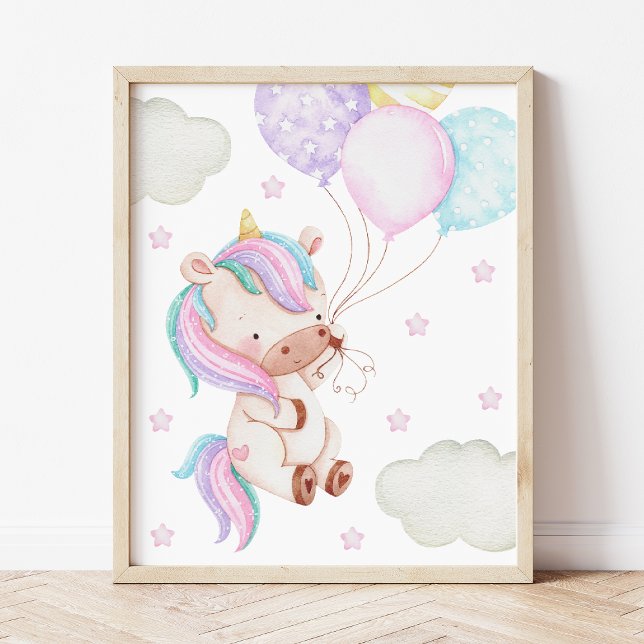 Färgglad Enhörning, Ballonger, Stjärnor, Flickors  Poster (Skapare uppladdad)