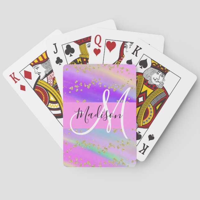 Färgglad Enhörning Regnbåge Guld Glitter Monogram Casinokort (Baksidan)