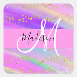 Färgglad Enhörning Regnbåge Guld Glitter Monogram Fyrkantigt Klistermärke