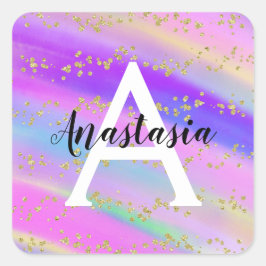 Färgglad Enhörning Regnbåge Guld Glitter Monogram Fyrkantigt Klistermärke