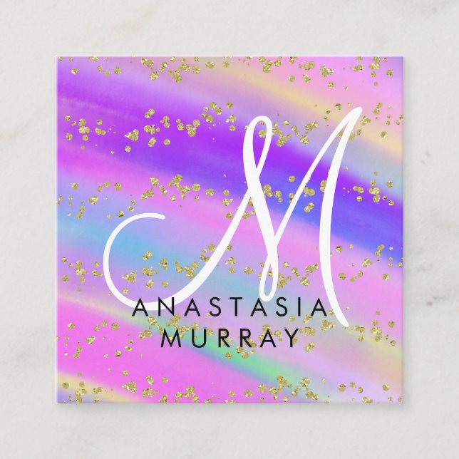 Färgglad Enhörning Regnbåge Guld Glitter Monogram Fyrkantigt Visitkort (Framsida)