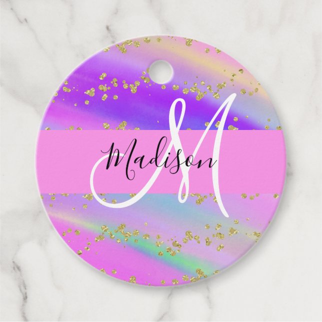 Färgglad Enhörning Regnbåge Guld Glitter Monogram Gåvor Etiketter (Framsida)